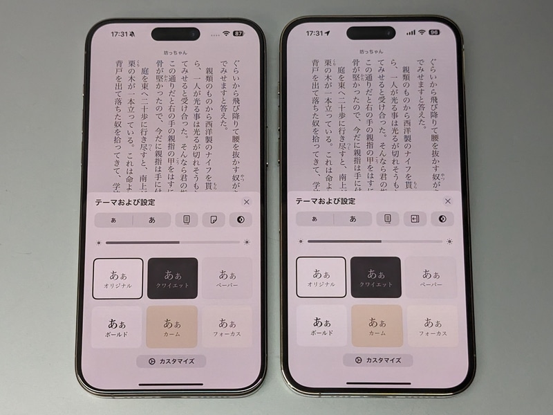 テーマの設定画面。ここから文字サイズなどを切り替えられる