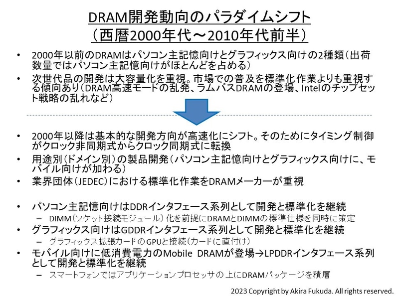 DRAM開発動向のパラダイムシフト(西暦2000年代～2010年代前半)。2000年を一応の区切りとした。実際には1990年代後半から2000年代前半、あるいは2010年代前半までの10年～20年でさまざまな転換が生じた