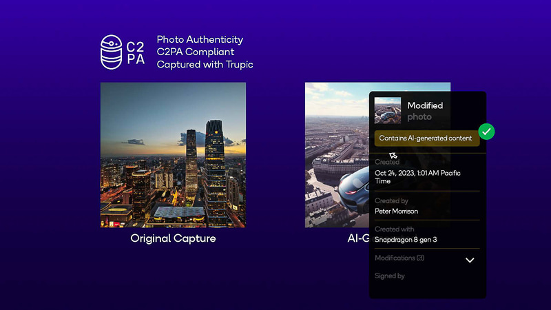 CAI/C2PAのコンテンツクレデンシャルに対応し、撮影時に付与できるようになった(出典:Snapdragon Summit 2023 Mobile Overview、Qualcomm)