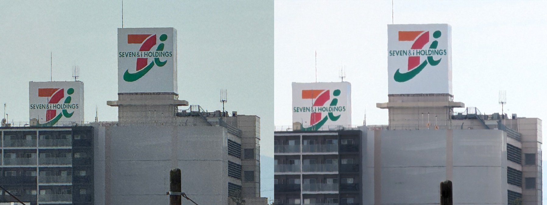 デジタルズームを組み合わせた最大望遠。iPhone(左)はやや暗くザラつきはあるがディティールは細かく、Pixel(右)は明るく見た目は美しいが細かいディティールは省略される場合がある