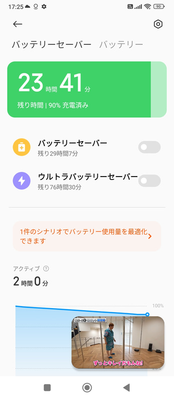 ディスプレイ輝度、ボリューム50%でYouTube動画を2時間連続再生した際のバッテリ残量は90%