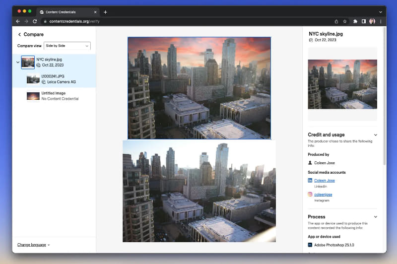 コンテンツクレデンシャル情報を含む画像をAdobe Photoshopして編集し、Verifyで表示した様子。編集前の画像や編集内容などが確認できる