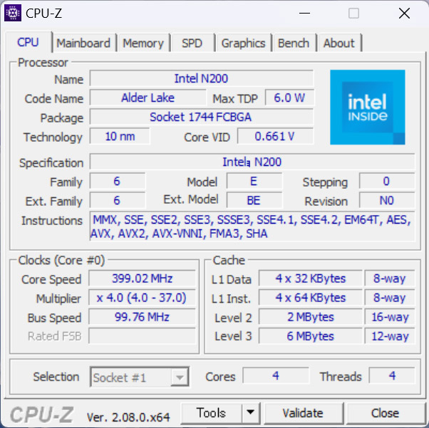 「CPU-Z」によるCPU情報