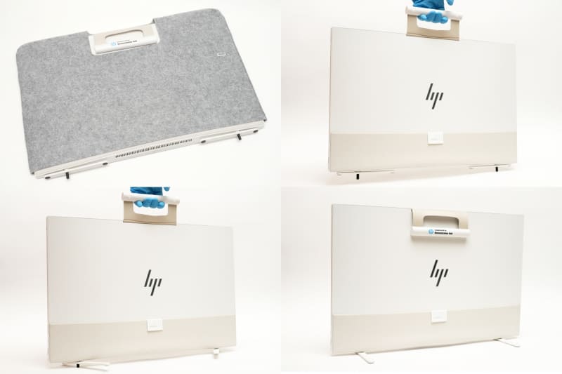 携帯時は専用シェルパカバーで保護。キャリングハンドルを握ってテーブルに置けば、キックスタンドが勝手に開いて自立してくれる