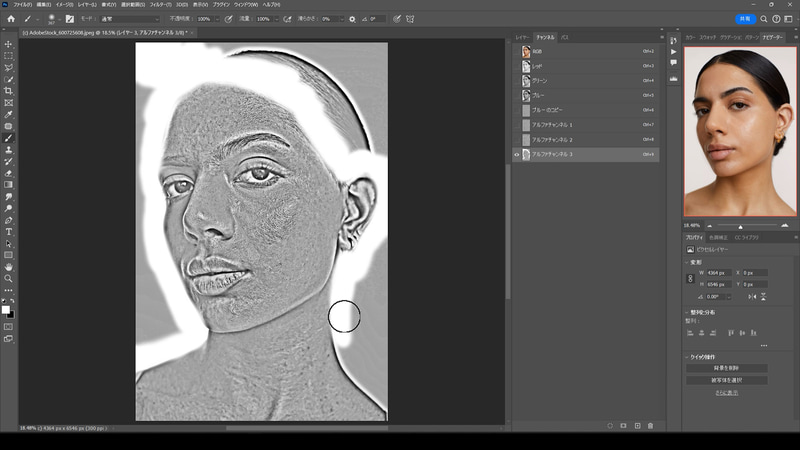 次に描画色が白のソフト円ブラシで背景部分、髪、目など修復処理に関係ない部分を白く塗ります