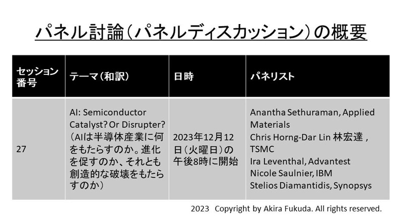 パネル討論会(セッション27)の概要。IEDM 2023のwebサイトから筆者が抜粋したもの