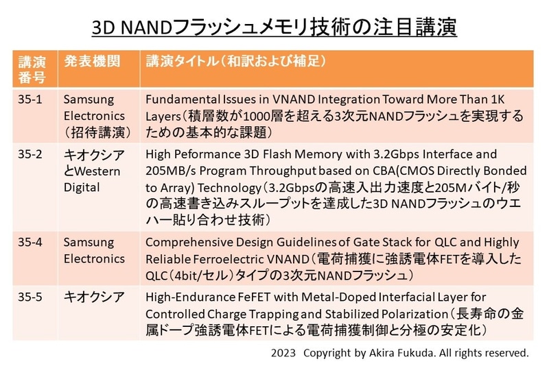 3D NANDフラッシュメモリ技術の注目講演。プログラムと報道機関向け資料から筆者がまとめたもの