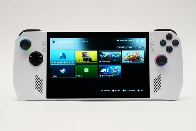 ディスプレイは7型IPS液晶(1,920×1,080ドット、315ppi、500cd/平方m、120Hz、7ms、光沢、タッチ対応、ペン非対応、Corning Gorilla Glass Victus)。コントローラは左スティック、十字キー、表示ボタン、コマンドセンターボタン、メニューボタン、Armory Crateボタン、ABXYボタン、右スティックを用意