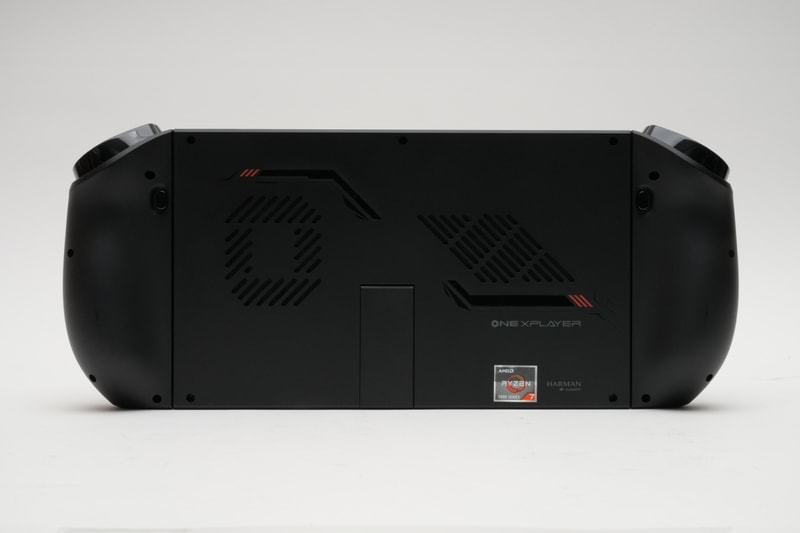 背面にはコントローラを取り外すための右ロックボタン、左ロックボタン、キックスタンドを配置