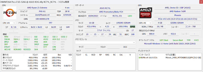 「HWiNFO64 Pro」で取得したROG Allyのシステムの概要