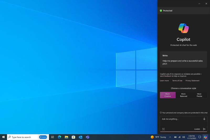 Windows 10に実装されたプレビュー版Copilot in Windows(写真提供: Microsoft)