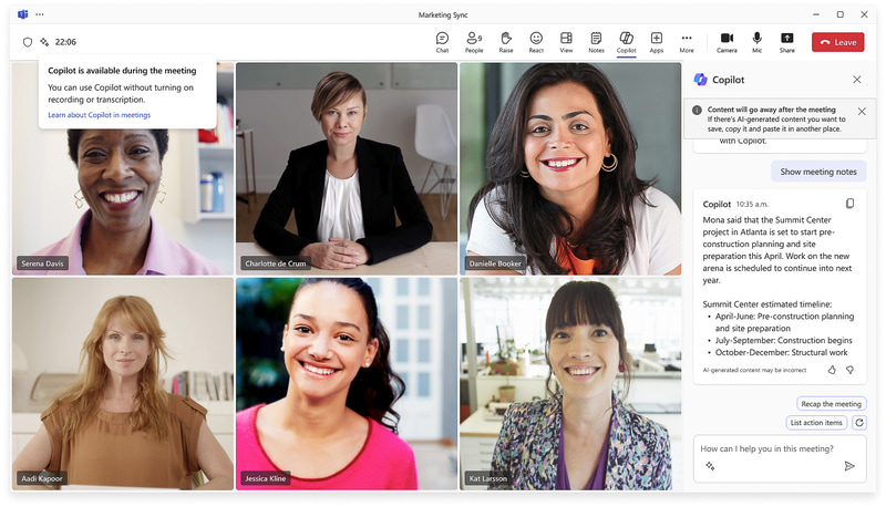Microsoft 365 Copilotのアップデートとして提供されるCopilot in Teams(写真提供: Microsoft)
