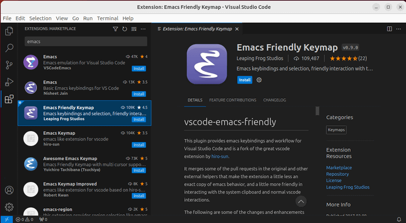 VSCodeの拡張機能を「Emacs」で検索した例。Emacs風にカスタマイズする拡張が多数見つかることから、「エディタとしてはVSCodeを使いたいが、操作感はEmacsでないと困る」タイプの人が、決して少なくないことが分かる