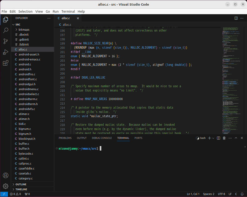 VSCodeの編集画面。プロジェクトのフォルダツリーや、ターミナルを同時に表示することができる。テキストエディタと言うより、統合開発環境に近い使い勝手だ