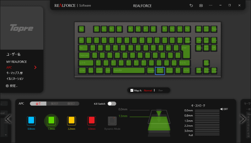 「APC」の設定画面。全キー1.5mmのアクチュエーションポイントで、「Dynamic Mode」未使用の状態