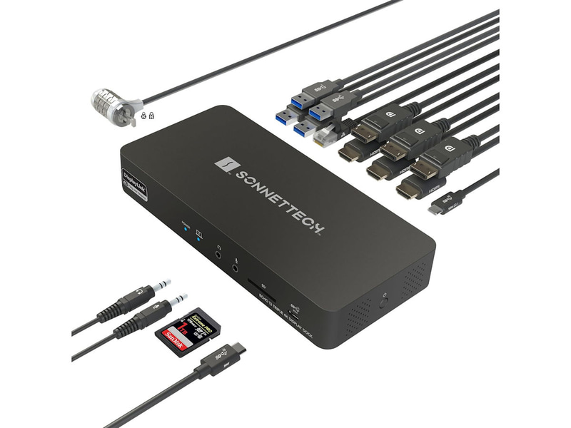 <a href="https://www.sonnettech.com/jp/product/thunderbolt/docks-and-hubs.html" class="n" target="_blank">製品ページのURL</a><br>価格:5万6,000円前後●USB 3.1 Type-C(最大100W)●USB 3.1 Type-C(最大20W)●USB 3.0×4●DisplayPort 1.2×3●HDMI 2.0×3●Gigabit Ethernet●SDカードスロット●オーディオ入力●オーディオ出力●サイズ:約243×106×33mm●重量:726g(パワーアダプタ含む)