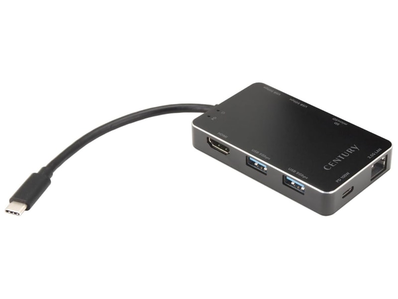 <a href="https://www.century.co.jp/products/cd-uhsl25p100.html" class="n" target="_blank">製品ページのURL</a><br>価格:8,580円前後●USB 3.0 Type-C●USB Type-C(充電専用、最大100W)●USB 3.0×3●HDMI●SD/microSDカードスロット●2.5Gigabit Ethernet●サイズ:約54×14×89mm●重量:75g