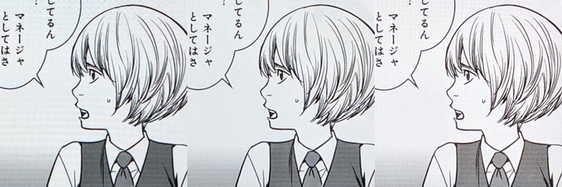 表示クオリティの比較。左から本製品(206ppi)、Fire Max 11(213ppi)、第10世代iPad(264ppi)。髪の部分など、細い線の描写に解像度の違いが出ている