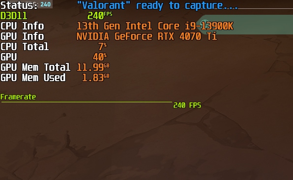 V-SYNCを有効にした状態でVALORANTをプレイし、パススルー出力で240Hzで出せているのを確認できた