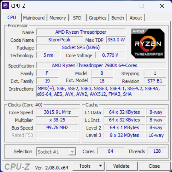 「CPU-Z」によるThreadripper 7980Xの情報