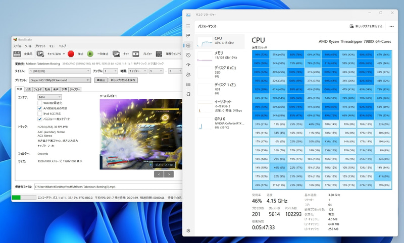 Threadripper 7980X+HandBrakeでH.264エンコード中のCPU負荷。プロセッサグループの影響はあるようだが、こちらは残り半分のプロセッサグループにも10〜20%程度の軽めの負荷がかかっている