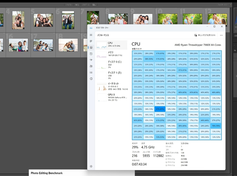 Threadripper 7980X+Lightroom Classic使用時のCPU負荷。Photoshopよりも若干コアに対する負荷が高めだが、CGレンダリング系のような負荷ではない