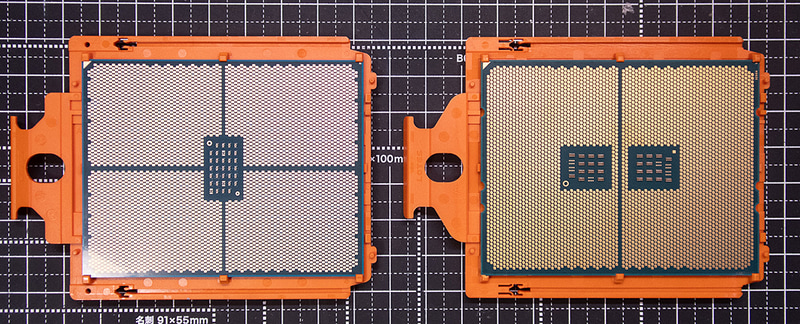 Threadripper 7980X(左)と3990X(右)ではランドのパターンが完全に別物になっている。そのため新Threadripperはマザーも買い換えとなる