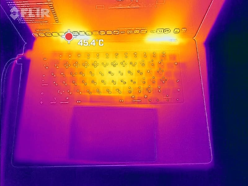 Cinebench 2024を10分間実行後のキーボード面の最大温度は45.4℃(室温23.6℃で測定)