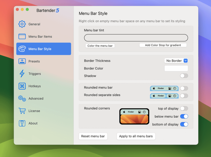 [Menu bar tint]にある[Color the menu bar]をクリックすると好みの色を指定できます。[Add Color Stop for gradient]をクリックすればグラデーションを使った色合いにもできます