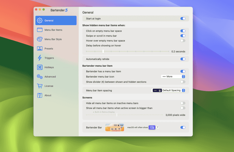 [General]タブにある[Bartender Bar]のスイッチをオンすると、ステータスバーの代わりにBartender Barにアイテムを表示してくれます