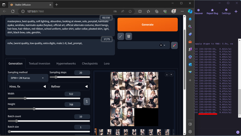 AUTOMATIC1111の512×768:神里綾華ベンチマークは25秒