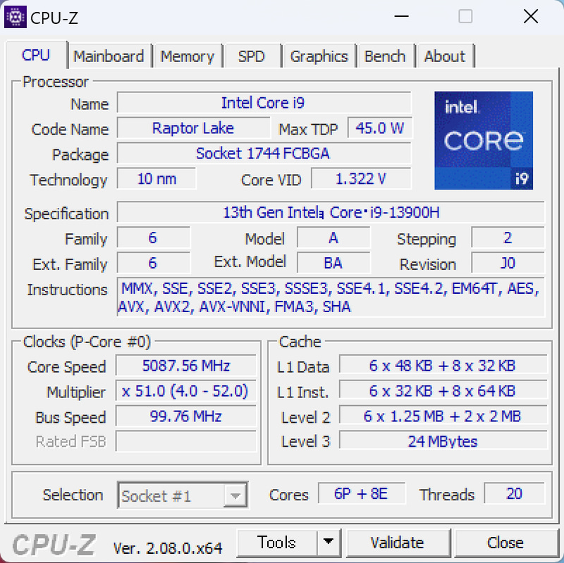 14コア(Pコア6基、Eコア8基)20スレッドのCore i9-13900Hを搭載