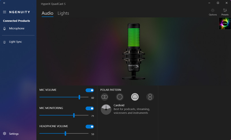 管理アプリの「HyperX NGENUITY」も利用でき、細かな設定も行なえた
