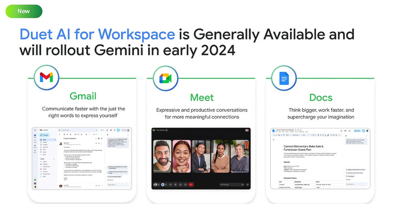 Duet AIにも来年初頭にGemini適用がプレビュー提供開始される計画(出典:Bringing Gemini to Developers and Organizations、Google Cloud)