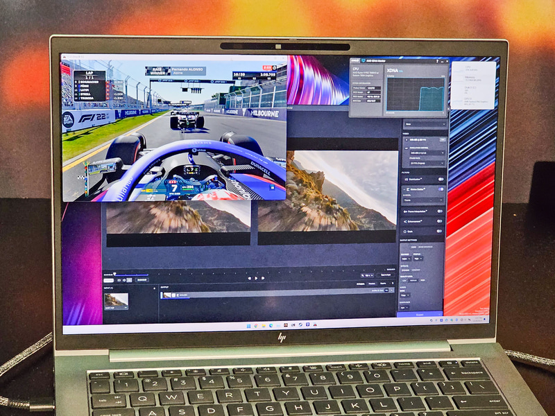 Topaz LabsによるRyzen AIを利用して動画の高画質化を行なっているデモ。GPUはゲームで利用されており、右上のNPUの利用率バーでNPUにより動作していることが分かる