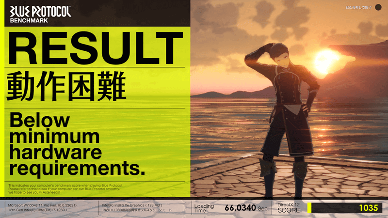 最高画質プリセットのスコアは1,035、レポートの平均フレームレートは7.027