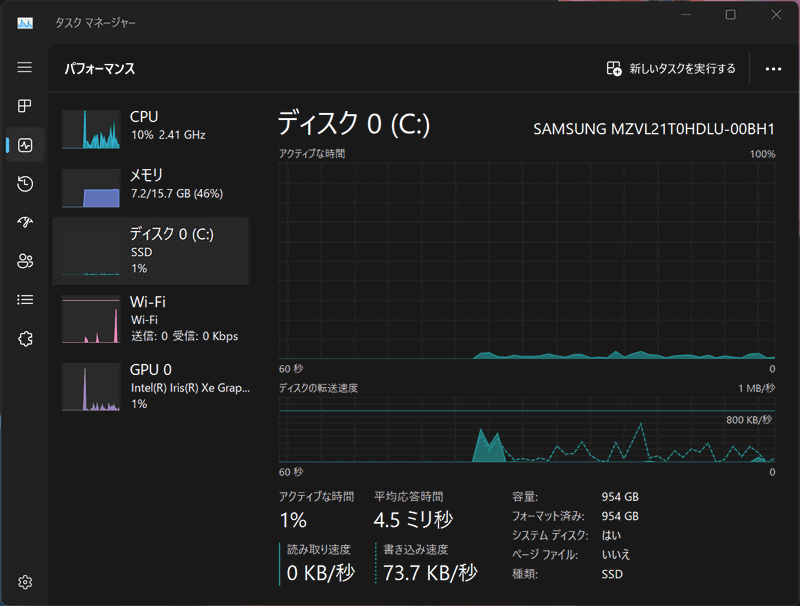 ストレージはSAMSUNG MZVL21T0HDLU-00BH1
