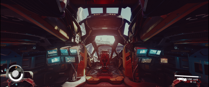 Starfieldの画面。これは宇宙船のコックピットだ