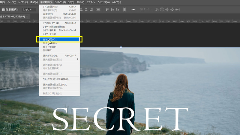 メニューバー＞選択範囲＞色域指定 を選択します