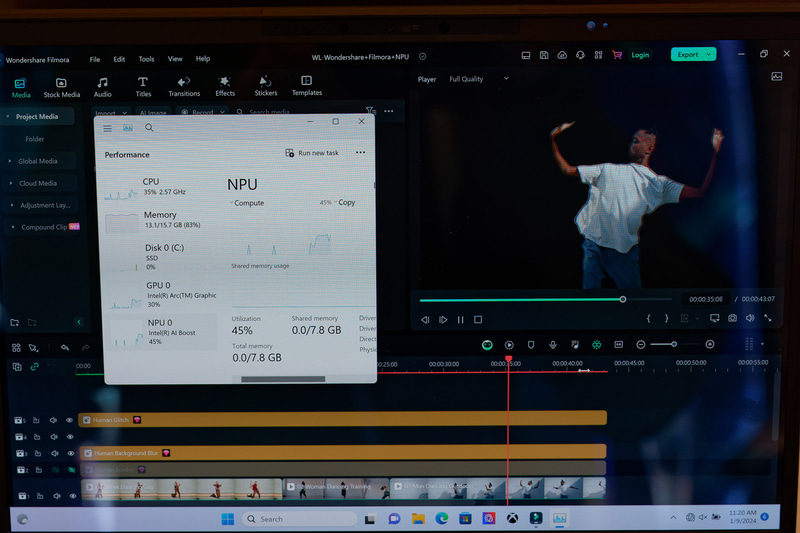 「Prestige 13 AI Evoシリーズ」での動画編集。動画のプレビュー時でもNPUが有効に働いていることが分かる