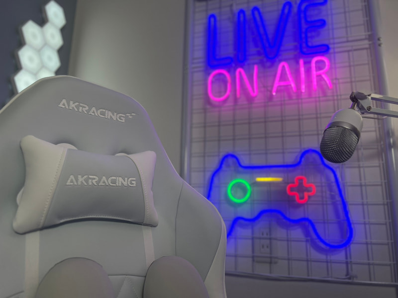 チェア: AKRacing ゲーミングチェア デスクチェア 本田翼 監修オリジナルカラーモデル。AKRacingのホワイト×ブルーグレーのチェアは、本田翼さんモデルのものなのですが、インテリアに馴染みやすくておすすめです