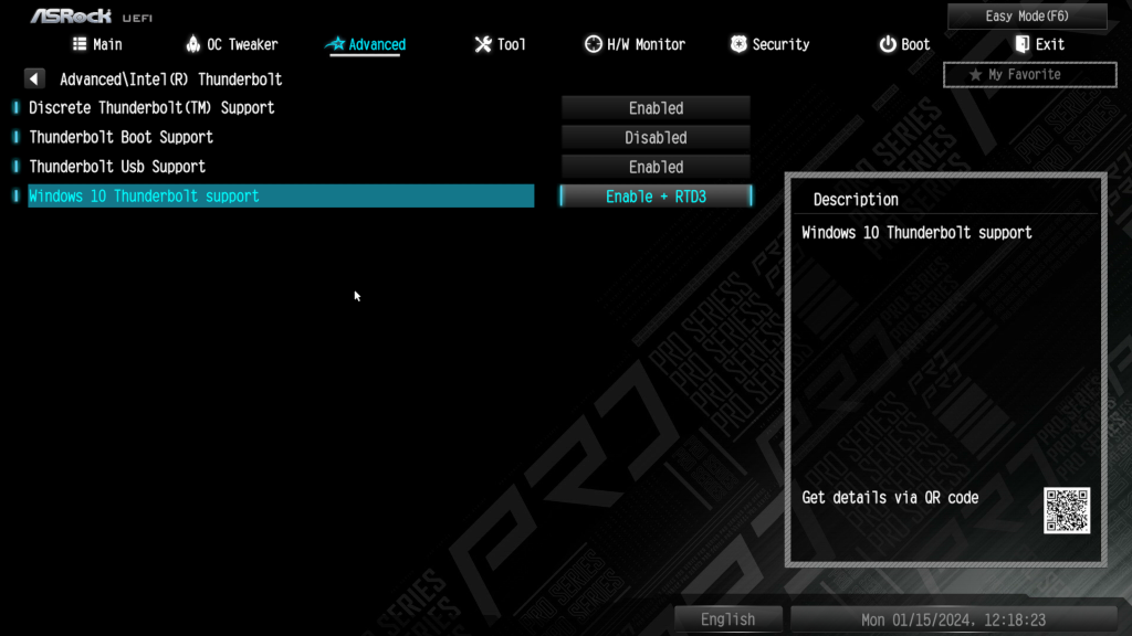 「Thunderbolt Support」を有効にする。なお「Windows 10 Thunderbolt support」を有効にしないとUbuntuからTCM2U4が認識しなかった