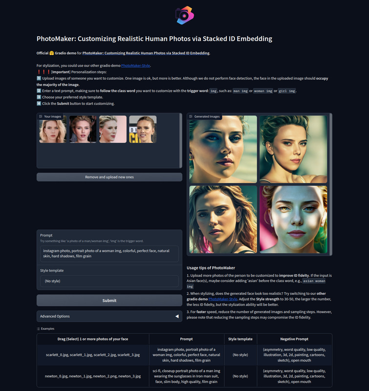 ローカル環境で作動したPhotoMaker(1/4)。プロンプト: instagram photo, portrait photo of a woman img, colorful, perfect face, natural skin, hard shadows, film grain
