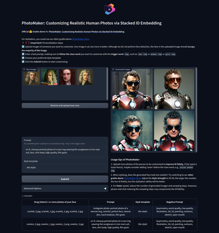 ローカル環境で作動したPhotoMaker(2/4)。プロンプト: sci-fi, closeup portrait photo of a man img wearing the sunglasses in Iron man suit, face, slim body, high quality, film grain