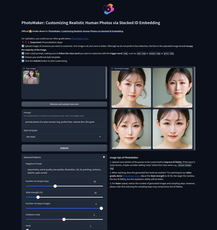 ローカル環境で作動したPhotoMaker(3/4)。写真1枚から。プロンプト: portrait photo of a asian woman img, perfect face, natural skin, film grain