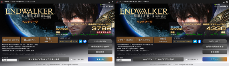 FINAL FANTASY XIV: 暁月のフィナーレ ベンチマーク。スコアはGen 9が「3789」、Gen 11が「4330」(14.28%増)