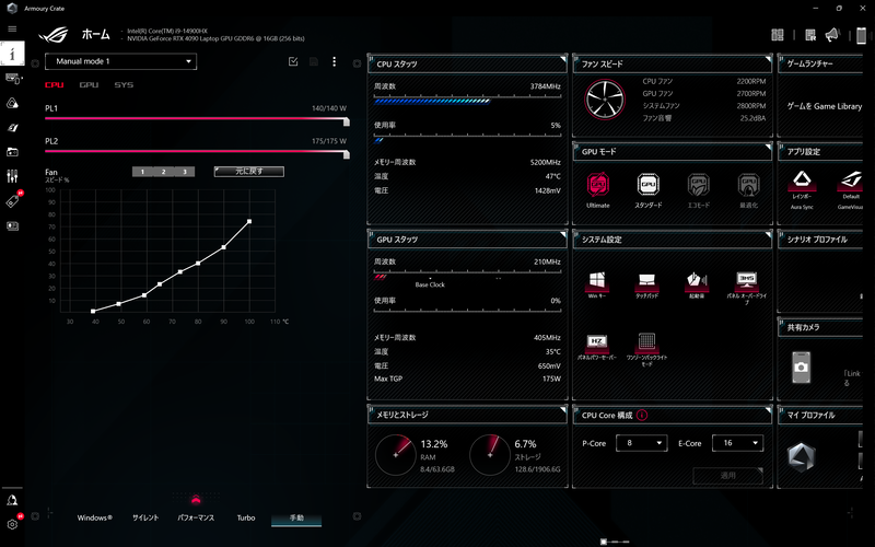 電力枠はプリセットによって可変する。TurboならGPUが175Wに、マニュアル設定ではCPUのPL1が140W、PL2が175Wといった具合でかなり過激な設定も可能