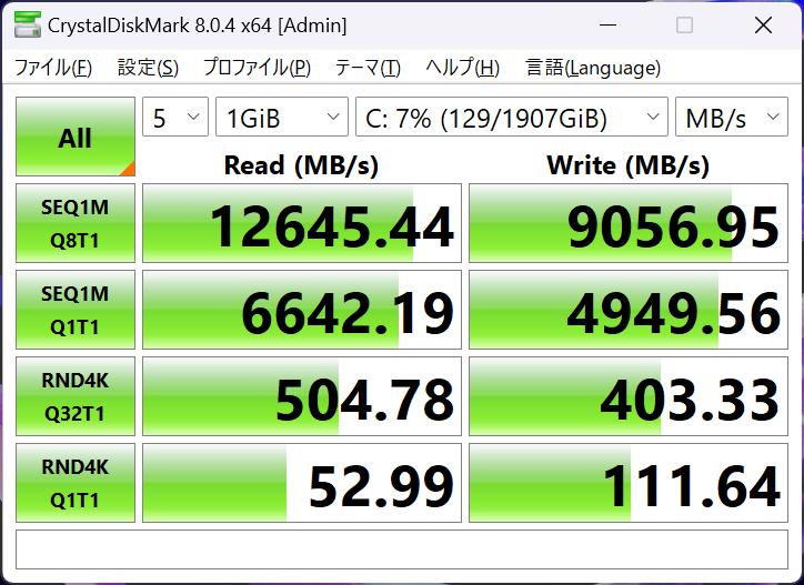 CrystalDiskMarkで計測したストレージの転送速度