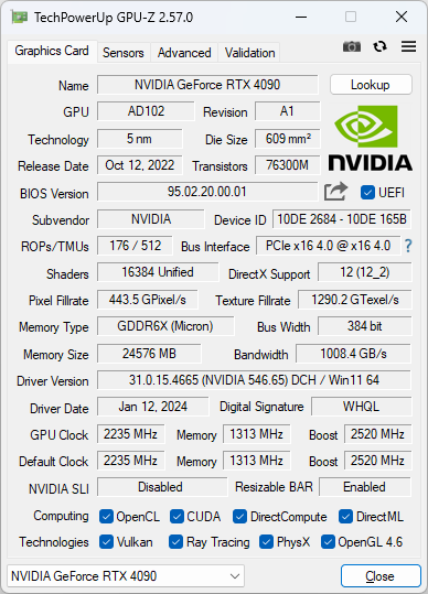 GeForce RTX 4090 Founders EditionのGPU-Z実行画面