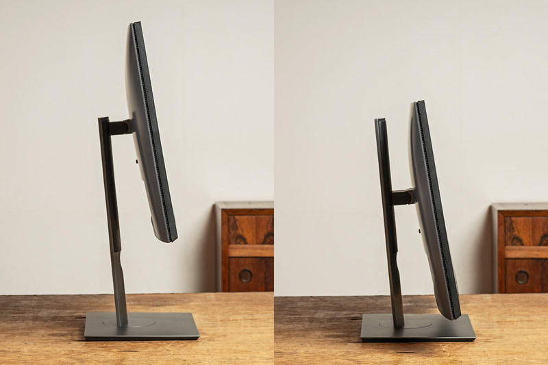 高さは130mm、ティルト-5度/21度、スイベル-45度/45度、ピボット-90/90度の範囲で調整できる